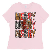 Bubblegum Pink Merry Merry Merry Christmas Lightning Bolt Ladies Tee - BundleAndBundleShop