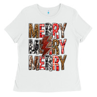 White Merry Merry Merry Christmas Lightning Bolt Ladies Tee - BundleAndBundleShop