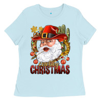 Baby Blue Cowboy Christmas Santa Ladies Tee - BundleAndBundleShop