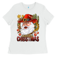 White Cowboy Christmas Santa Ladies Tee - BundleAndBundleShop