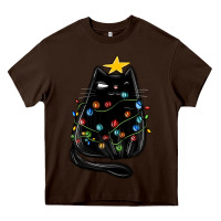 Chocolate Brown christmas cat with lights Heavy Core Tee - MaliasSmallBusiness