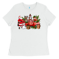 White Santa Snowman Reindeer Penguin Elf Christmas Truck Ladies Tee - BundleAndBundleShop