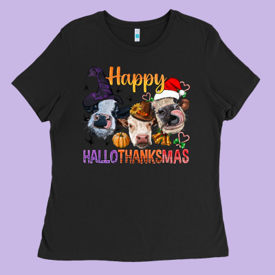 Happy Hallothanksmas Cows Ladies Tee Designed By Bundleandbundleshop