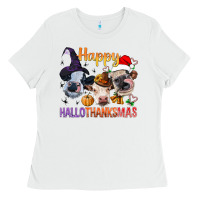 White Happy Hallothanksmas Cows Ladies Tee - BundleAndBundleShop