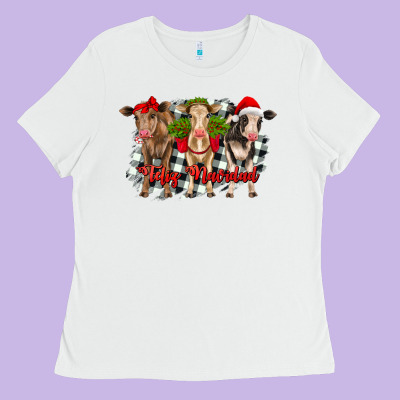 Feliz Navidad Heifers Front View Ladies Tee Designed By Ranaportraitstore