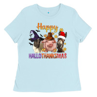 Baby Blue Happy Hallothanksmas Farm Animal Ladies Tee - BundleAndBundleShop
