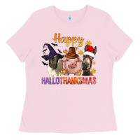 Bubblegum Pink Happy Hallothanksmas Farm Animal Ladies Tee - BundleAndBundleShop
