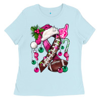 Baby Blue Pink Christmas Breast Cancer Ribbon Football Ladies Tee - BundleAndBundleShop