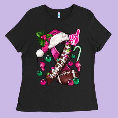 Pink Christmas Breast Cancer Ribbon Football Ladies Tee Designed By Bundleandbundleshop
