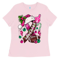 Bubblegum Pink Pink Christmas Breast Cancer Ribbon Football Ladies Tee - BundleAndBundleShop
