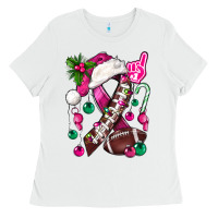 White Pink Christmas Breast Cancer Ribbon Football Ladies Tee - BundleAndBundleShop