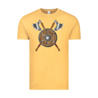 Vintage Mustard renaissance fair faire festival medieval theme axe shield Vintage Tee - DesignPulse