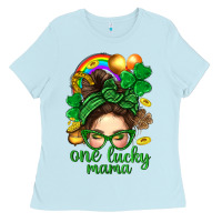 Baby Blue St. Patrick Messy Bun One Luck Mama With Clover Ladies Tee - BundleAndBundleShop