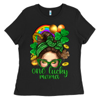 Black St. Patrick Messy Bun One Luck Mama With Clover Ladies Tee - BundleAndBundleShop
