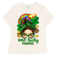 Bone St. Patrick Messy Bun One Luck Mama With Clover Ladies Tee - BundleAndBundleShop