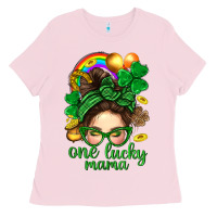 Bubblegum Pink St. Patrick Messy Bun One Luck Mama With Clover Ladies Tee - BundleAndBundleShop