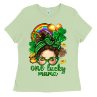 St. Patrick Messy Bun One Luck Mama With Clover Ladies Tee | Teevron