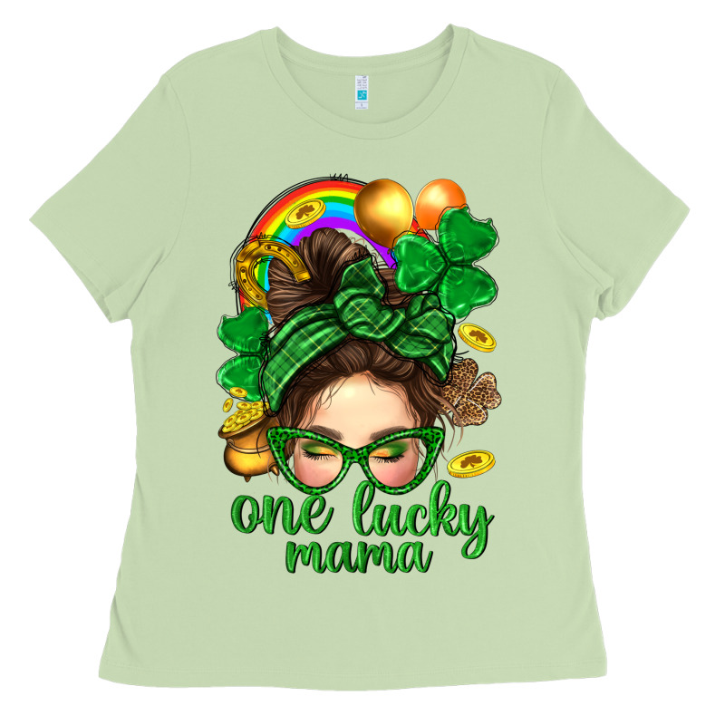 St. Patrick Messy Bun One Luck Mama With Clover Ladies Tee by BundleAndBundleShop | Teevron