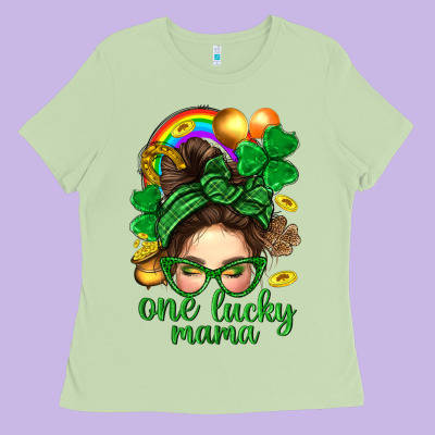St. Patrick Messy Bun One Luck Mama With Clover Ladies Tee Designed By Bundleandbundleshop