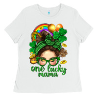 White St. Patrick Messy Bun One Luck Mama With Clover Ladies Tee - BundleAndBundleShop