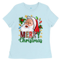 Baby Blue Merry Christmas With Santa Ladies Tee - BundleAndBundleShop