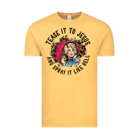 Vintage Mustard tease it to jesus and spray it like hell leopard western raglan baseba Vintage Tee - ArtChic