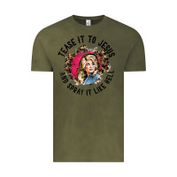 Vintage Olive tease it to jesus and spray it like hell leopard western raglan baseba Vintage Tee - ArtChic