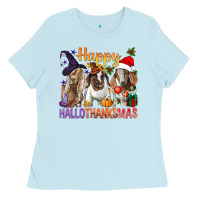 Baby Blue Happy Hallothanksmas Goats Ladies Tee - BundleAndBundleShop