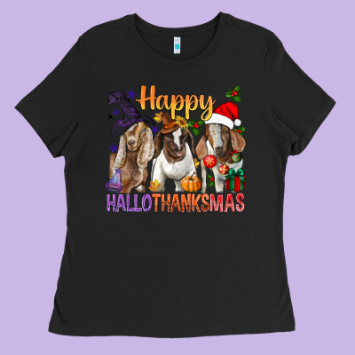 Happy Hallothanksmas Goats Ladies Tee Designed By Bundleandbundleshop