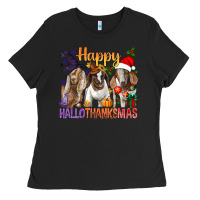 Black Happy Hallothanksmas Goats Ladies Tee - BundleAndBundleShop