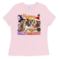 Bubblegum Pink Happy Hallothanksmas Goats Ladies Tee - BundleAndBundleShop