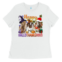 White Happy Hallothanksmas Goats Ladies Tee - BundleAndBundleShop