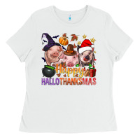White Happy Hallothanksmas Pigs Ladies Tee - BundleAndBundleShop