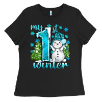 Black My 1 St Winter With Cute Snowman Ladies Tee - BundleAndBundleShop