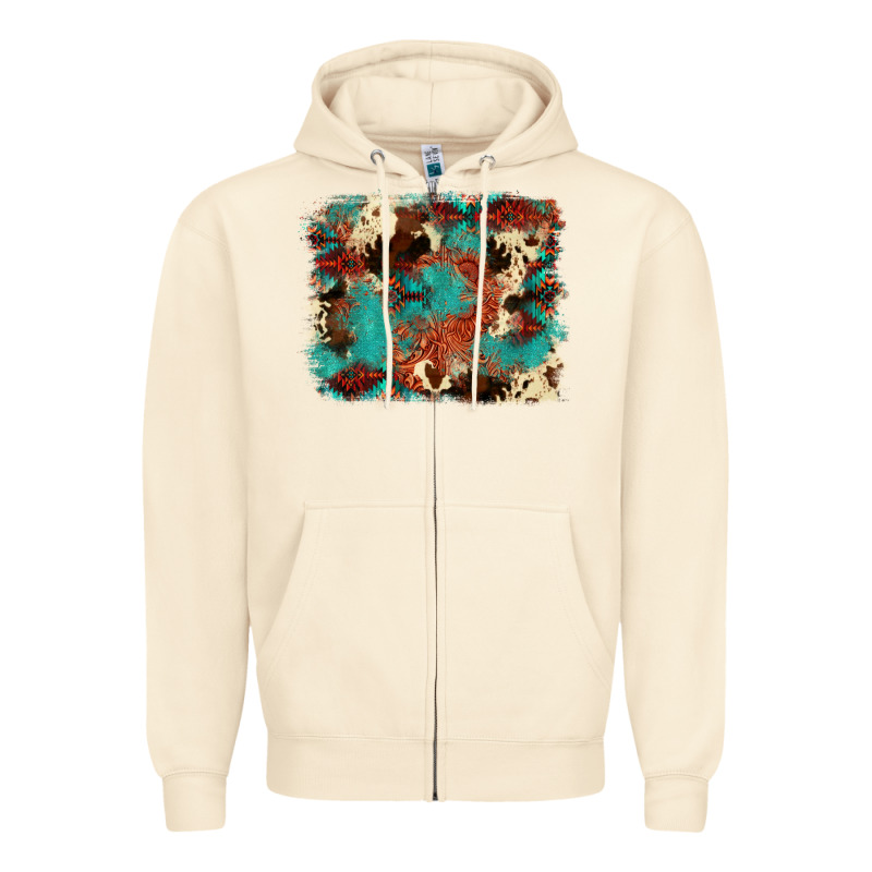 Aztec Turquoise Glitter Cowhide  Tooled Leather Ba Zipper Hoodie by FaDigitalArtStudio | Teevron