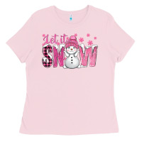 Bubblegum Pink Pink Let It Snow With Cute Snowman Ladies Tee - BundleAndBundleShop