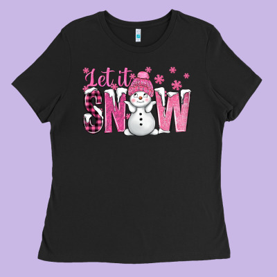 Pink Let It Snow With Cute Snowman Ladies Tee Designed By Bundleandbundleshop