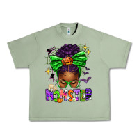 Oil Green Halloween Afro Messy Bun Momster Urban Heavy Tee - texasbilliewilder