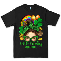 Black St. Patrick Messy Bun One Luck Mama With Clover Premium Tee - BundleAndBundleShop
