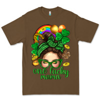 Cacao St. Patrick Messy Bun One Luck Mama With Clover Premium Tee - BundleAndBundleShop