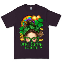 Plum St. Patrick Messy Bun One Luck Mama With Clover Premium Tee - BundleAndBundleShop