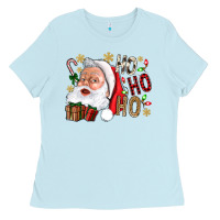 Baby Blue Santa Ho Ho Ho With Gift Box Ladies Tee - BundleAndBundleShop