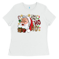 White Santa Ho Ho Ho With Gift Box Ladies Tee - BundleAndBundleShop