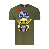 Vintage Olive Baby Yoda Hugs Pabst Blue Ribbon Beer Vintage Tee - artisFamous