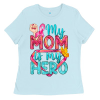 Baby Blue My Mom Is My Hero Breast Cancer Ladies Tee - BundleAndBundleShop