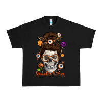 Black Spooky Vibes Skull Messy Bun Urban Heavy Tee - texasbilliewilder