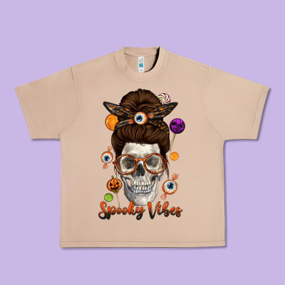 Spooky Vibes Skull Messy Bun Urban Heavy Tee Designed By Texasbilliewilder