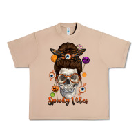 Burro Spooky Vibes Skull Messy Bun Urban Heavy Tee - texasbilliewilder