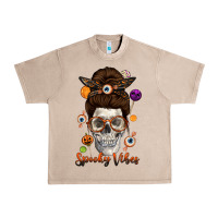 French Oak Spooky Vibes Skull Messy Bun Urban Heavy Tee - texasbilliewilder