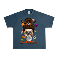 Midnight Navy Spooky Vibes Skull Messy Bun Urban Heavy Tee - texasbilliewilder